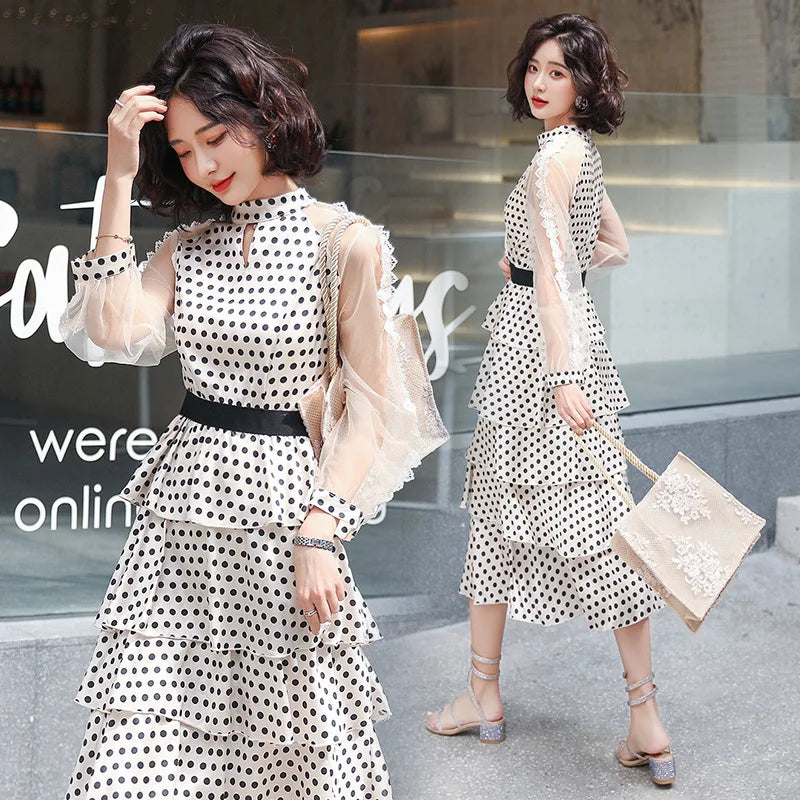 Transparent Long-Sleeved Chiffon Dress for Ladies, Polka Dot, Elegant Temperament, Fashion, New