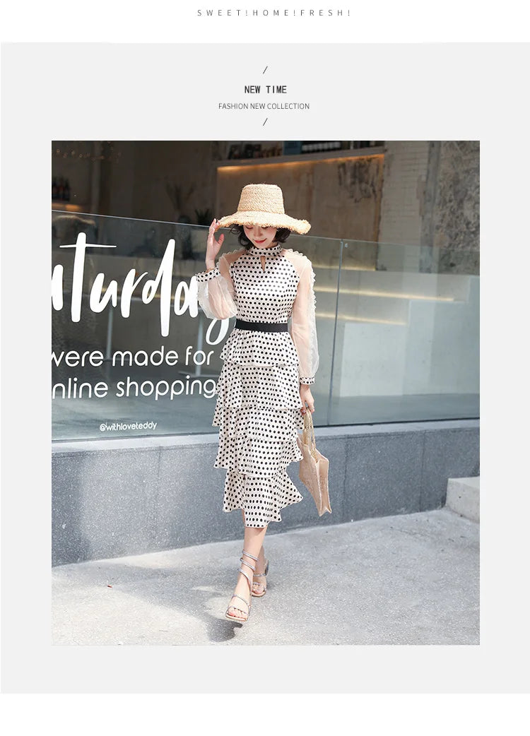 Transparent Long-Sleeved Chiffon Dress for Ladies, Polka Dot, Elegant Temperament, Fashion, New