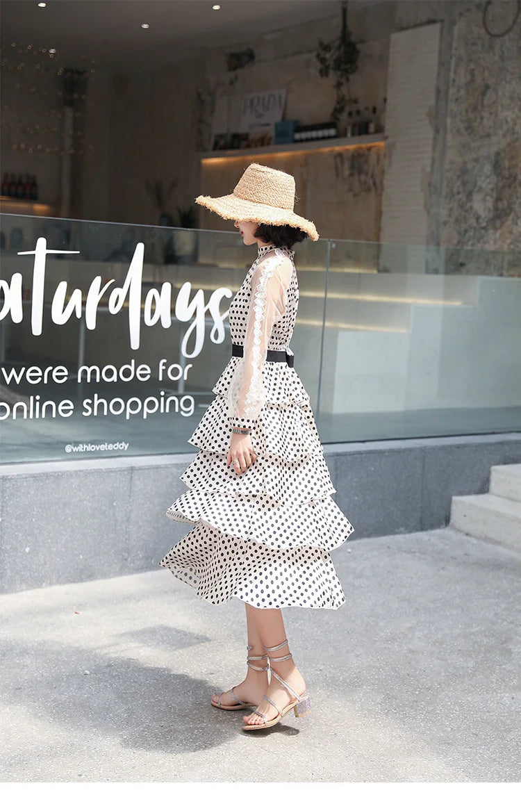 Transparent Long-Sleeved Chiffon Dress for Ladies, Polka Dot, Elegant Temperament, Fashion, New