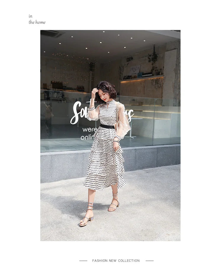 Transparent Long-Sleeved Chiffon Dress for Ladies, Polka Dot, Elegant Temperament, Fashion, New