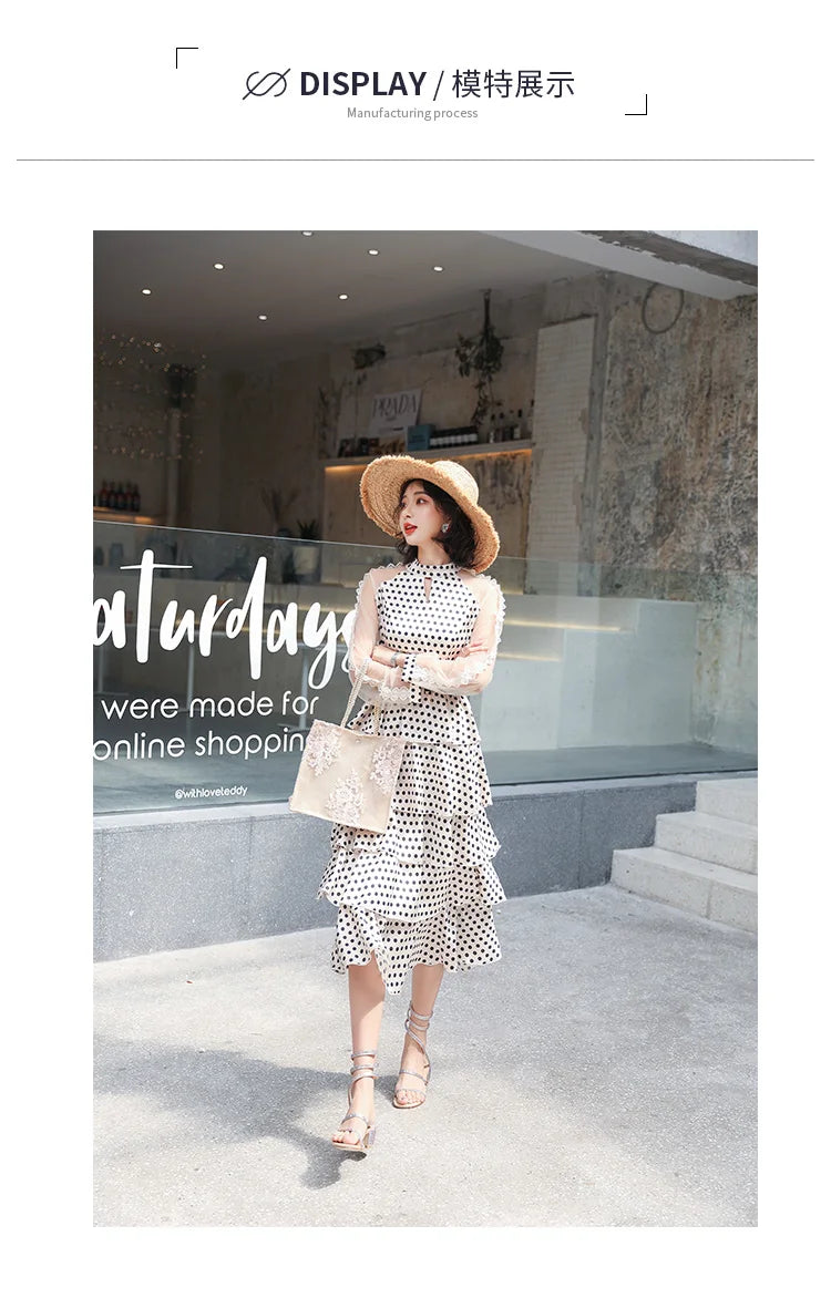 Transparent Long-Sleeved Chiffon Dress for Ladies, Polka Dot, Elegant Temperament, Fashion, New