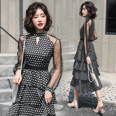 Transparent Long-Sleeved Chiffon Dress for Ladies, Polka Dot, Elegant Temperament, Fashion, New