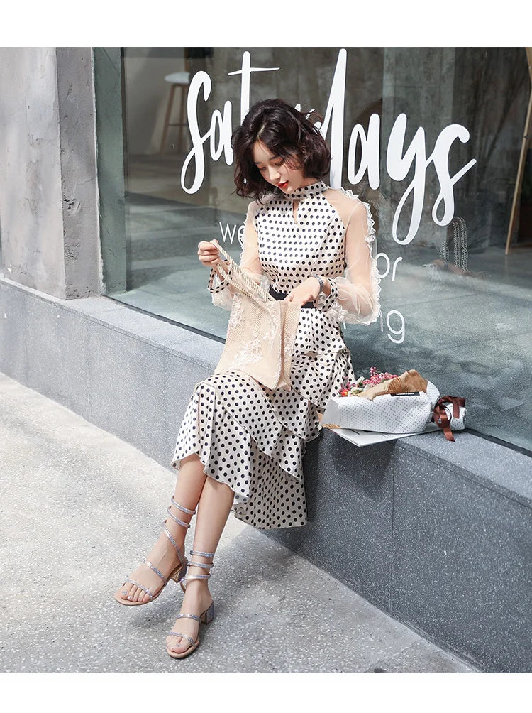 Transparent Long-Sleeved Chiffon Dress for Ladies, Polka Dot, Elegant Temperament, Fashion, New
