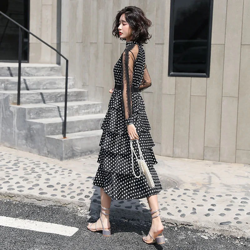 Transparent Long-Sleeved Chiffon Dress for Ladies, Polka Dot, Elegant Temperament, Fashion, New