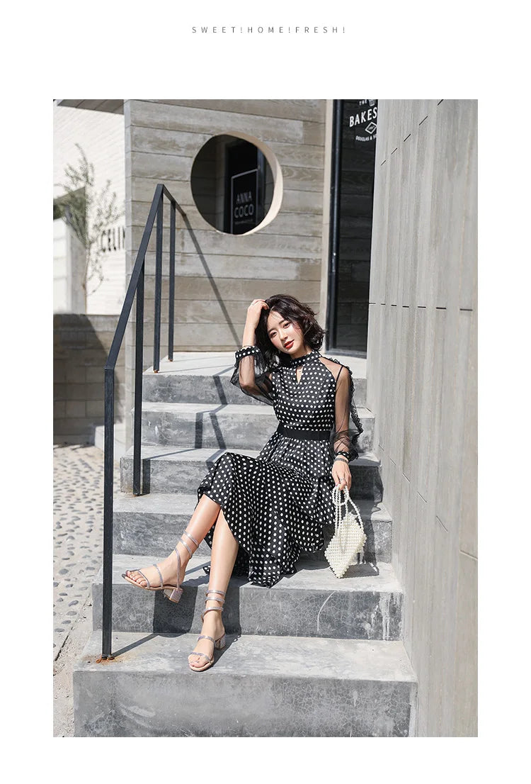 Transparent Long-Sleeved Chiffon Dress for Ladies, Polka Dot, Elegant Temperament, Fashion, New