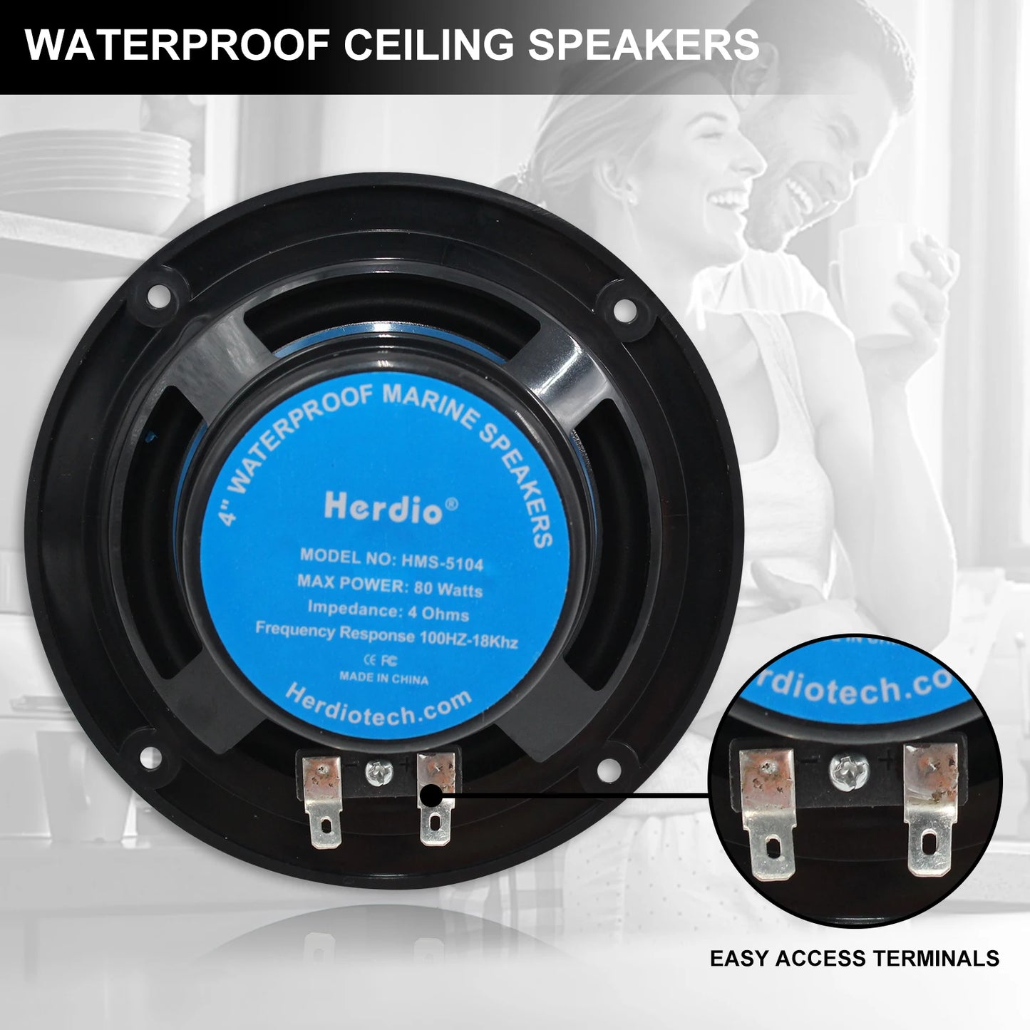 Herdio 4'' Waterproof Marine Bluetooth Ceiling Speakers For Bathroom Kitchen Home Outdoor Camper Golf Cart Boat With Flush Mount