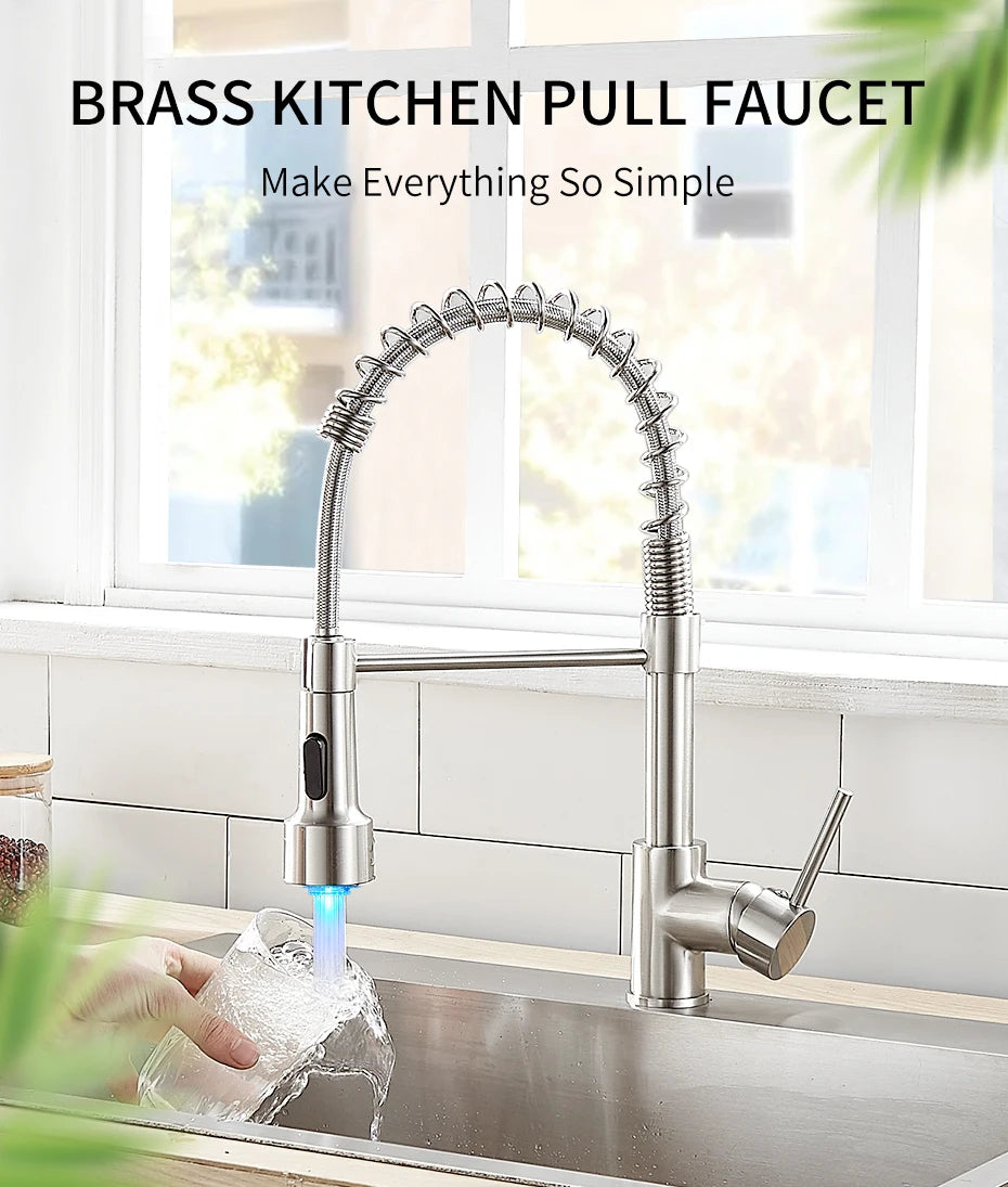 Kitchen Faucets Brush Brass Faucets for Kitchen Sink Single Lever Pull Down Spring Spout Mixers Tap Hot Cold Water Crane 9009