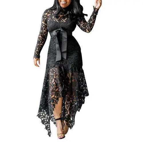 70% Hot Sell Women Long Sleeve Bow Belted Irregular Hem Hollow Lace Sexy Bodycon Long Dress
