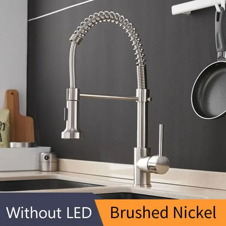Kitchen Faucets Brush Brass Faucets for Kitchen Sink Single Lever Pull Down Spring Spout Mixers Tap Hot Cold Water Crane 9009
