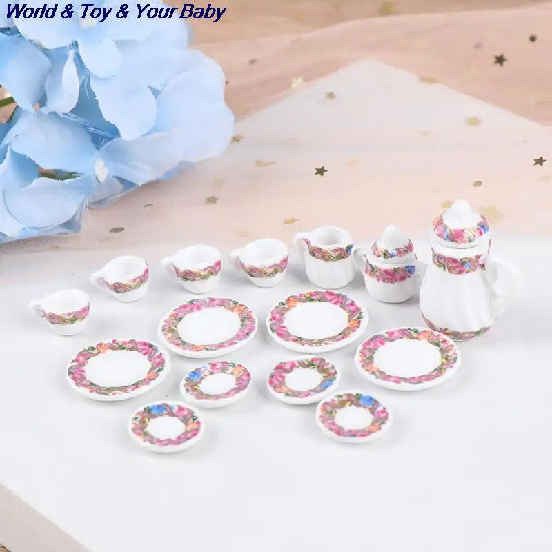15Pcs 1:12 Miniature Porcelain Tea Cup Set Chintz Flower Tableware Kitchen Dollhouse Furniture Toys For Children