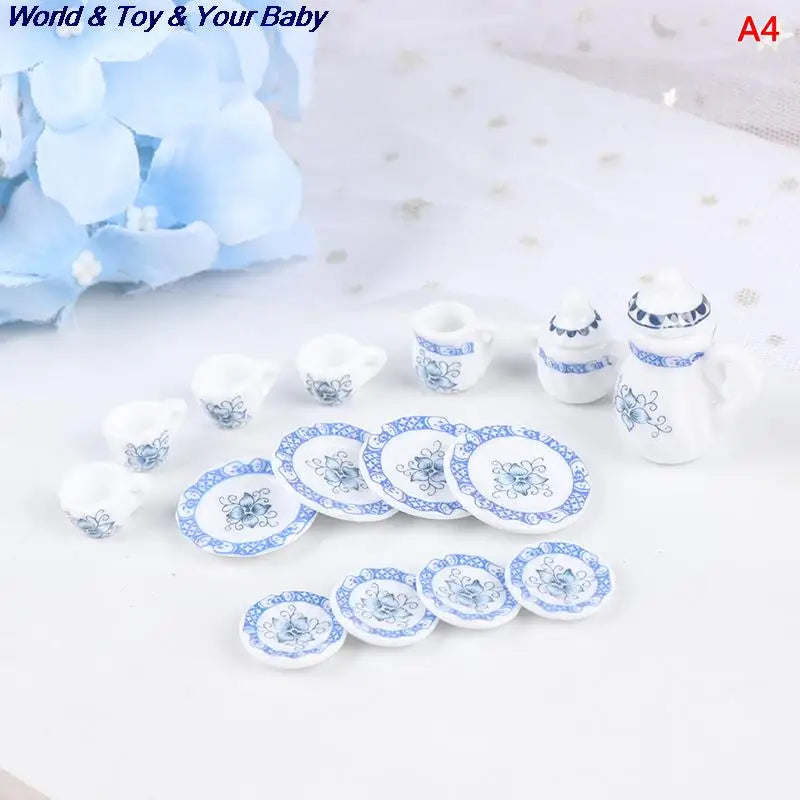 15Pcs 1:12 Miniature Porcelain Tea Cup Set Chintz Flower Tableware Kitchen Dollhouse Furniture Toys For Children