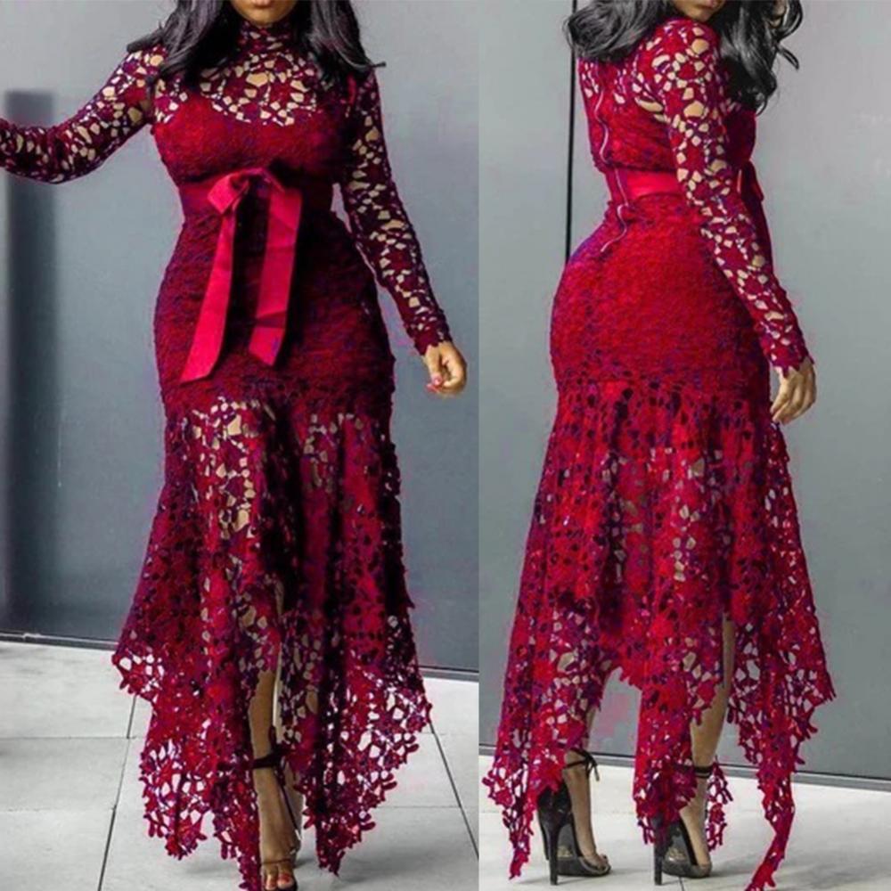 70% Hot Sell Women Long Sleeve Bow Belted Irregular Hem Hollow Lace Sexy Bodycon Long Dress