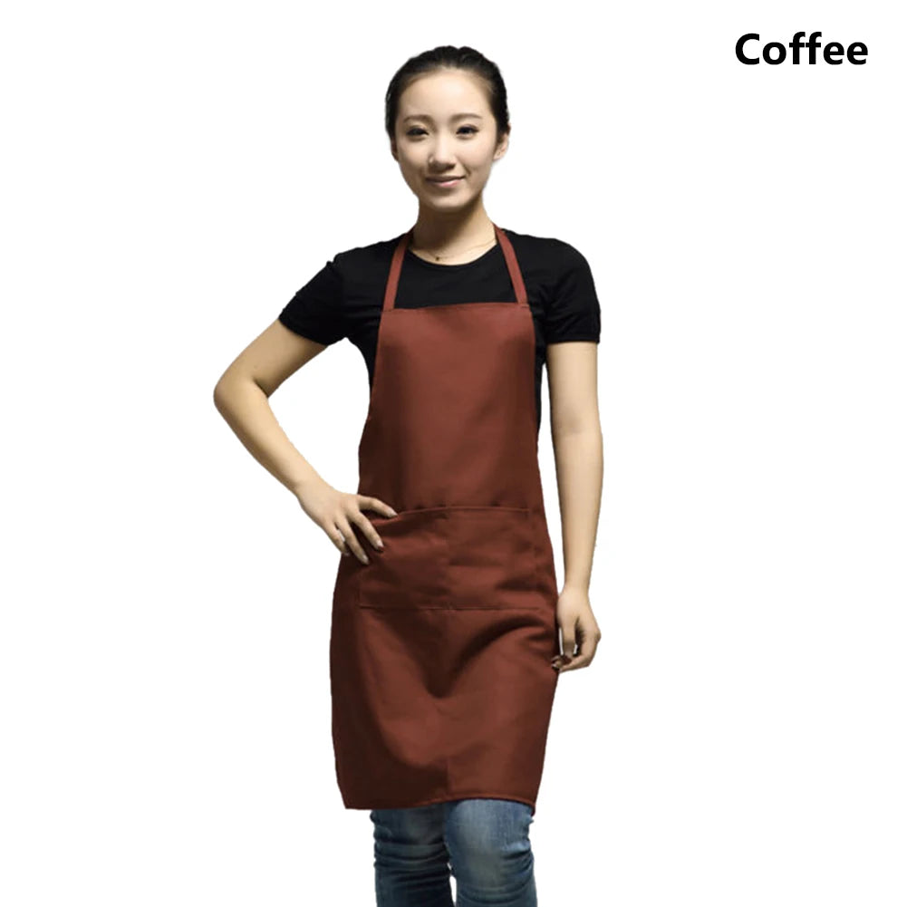Polyester+ Cotton Blend Sleeveless Apron Black Red Coffee Orange Anti-wear Cooking Kitchen Bib Women Men Aprons With Big Pocket