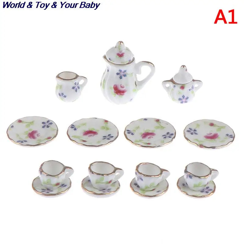 15Pcs 1:12 Miniature Porcelain Tea Cup Set Chintz Flower Tableware Kitchen Dollhouse Furniture Toys For Children