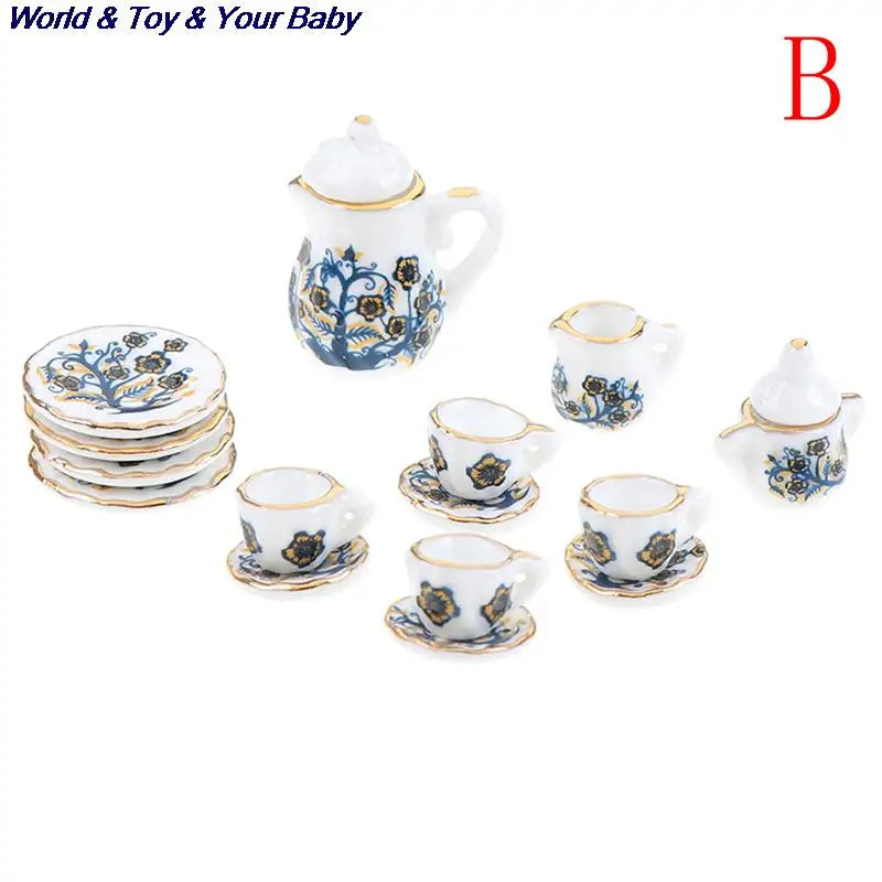 15Pcs 1:12 Miniature Porcelain Tea Cup Set Chintz Flower Tableware Kitchen Dollhouse Furniture Toys For Children