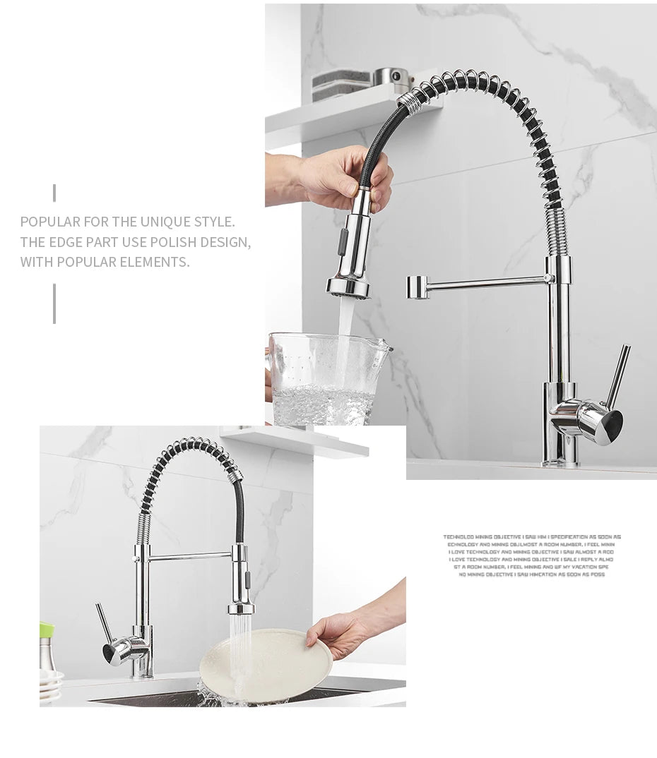 Kitchen Faucets Brush Brass Faucets for Kitchen Sink Single Lever Pull Down Spring Spout Mixers Tap Hot Cold Water Crane 9009