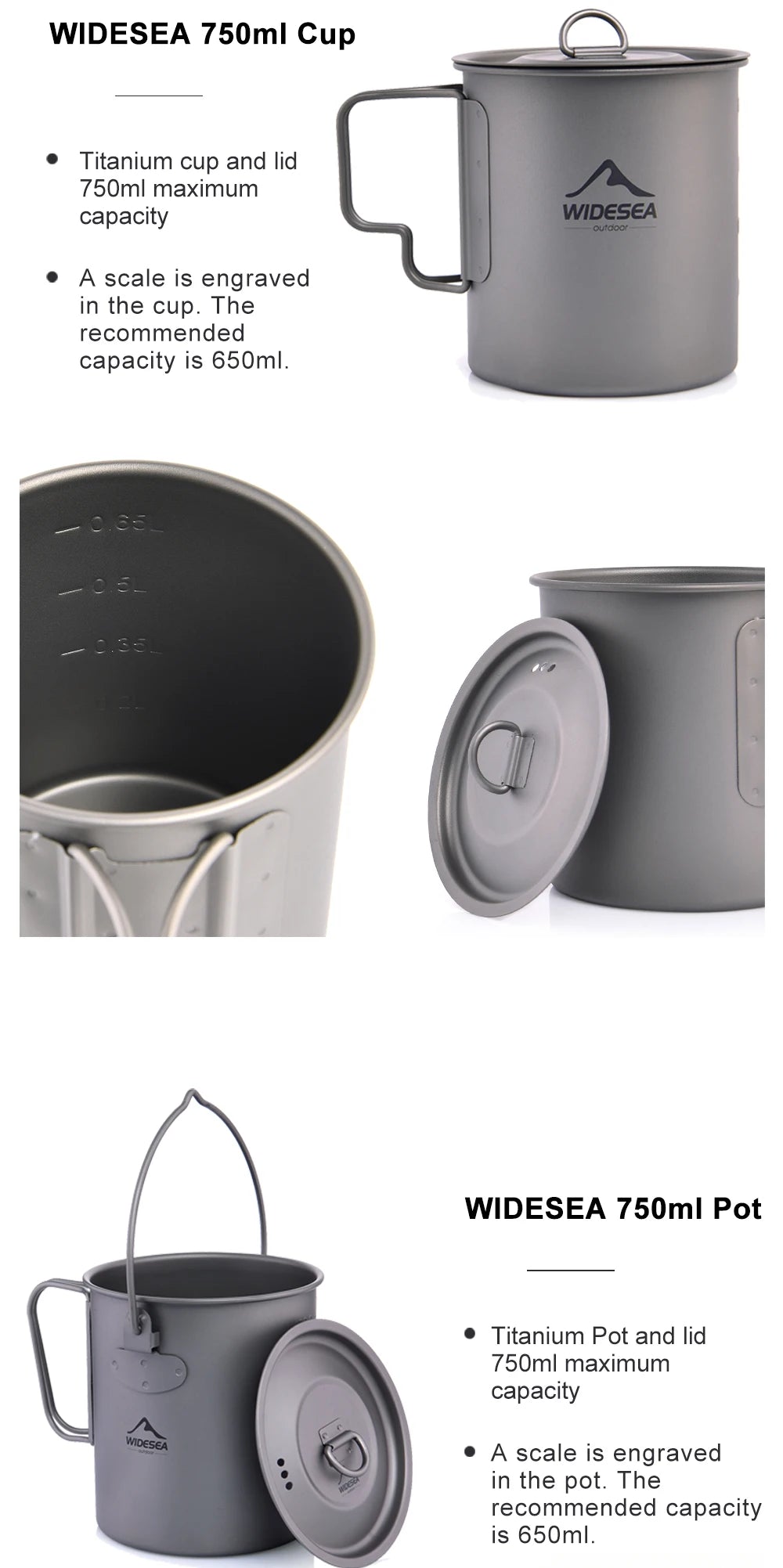 Widesea Camping Mug Titanium Cup Tourist Tableware Picnic Utensils Outdoor Kitchen Equipment Travel Cooking set Cookware Hiking