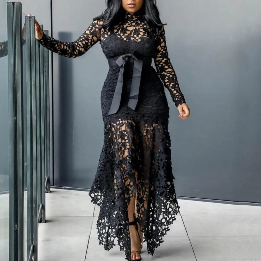 70% Hot Sell Women Long Sleeve Bow Belted Irregular Hem Hollow Lace Sexy Bodycon Long Dress