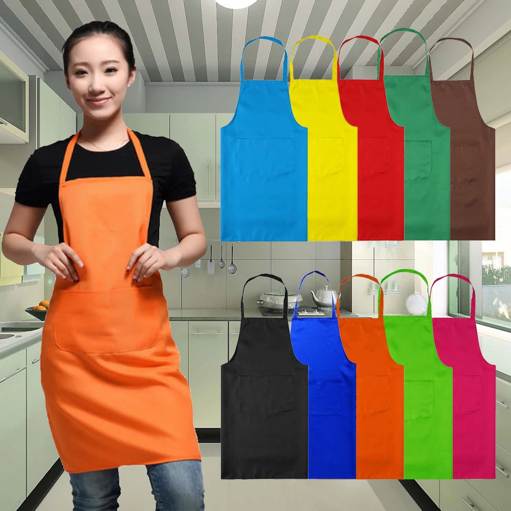 Polyester+ Cotton Blend Sleeveless Apron Black Red Coffee Orange Anti-wear Cooking Kitchen Bib Women Men Aprons With Big Pocket