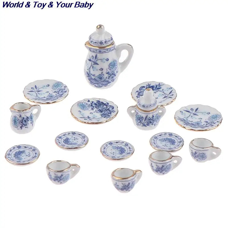 15Pcs 1:12 Miniature Porcelain Tea Cup Set Chintz Flower Tableware Kitchen Dollhouse Furniture Toys For Children