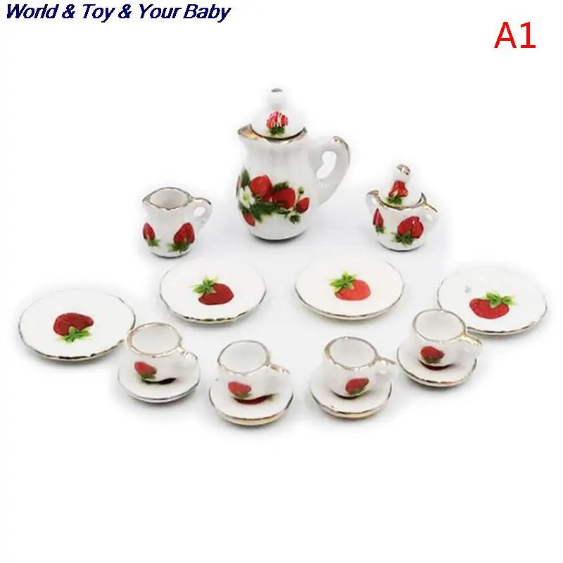 15Pcs 1:12 Miniature Porcelain Tea Cup Set Chintz Flower Tableware Kitchen Dollhouse Furniture Toys For Children
