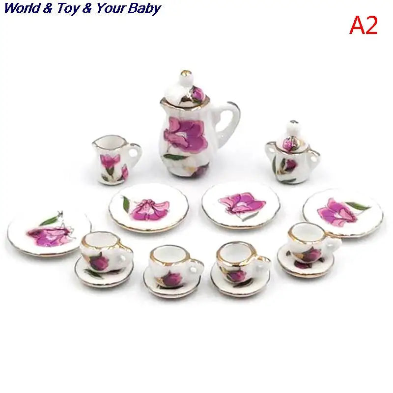 15Pcs 1:12 Miniature Porcelain Tea Cup Set Chintz Flower Tableware Kitchen Dollhouse Furniture Toys For Children