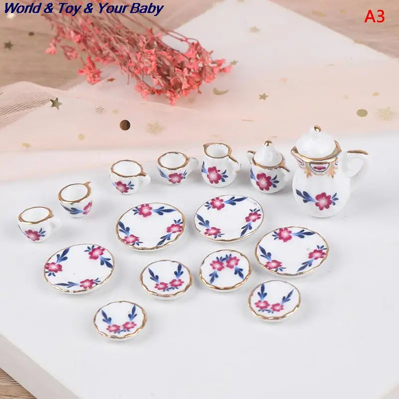 15Pcs 1:12 Miniature Porcelain Tea Cup Set Chintz Flower Tableware Kitchen Dollhouse Furniture Toys For Children