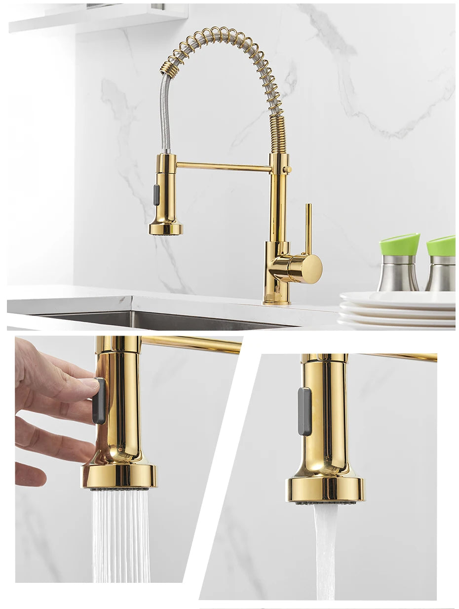 Kitchen Faucets Brush Brass Faucets for Kitchen Sink Single Lever Pull Down Spring Spout Mixers Tap Hot Cold Water Crane 9009