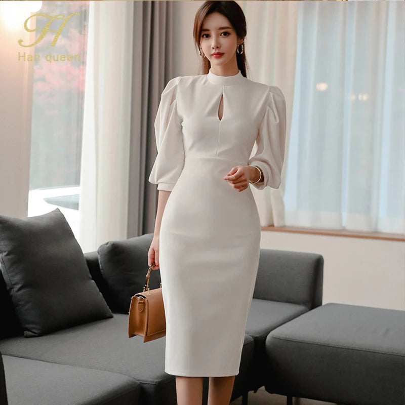 H Han Queen Hot sale Autumn Fashion Stand Collar Puff Sleeve Female Pencil bodycon Dress Slim Solid color Midi Casual Dresses