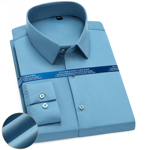 Men's Silk Touch Long Sleeve Non-iron Dress Shirt Without Pocket Stretchy Silky Regular Fit Wrinkle Free Business Casual Shirts