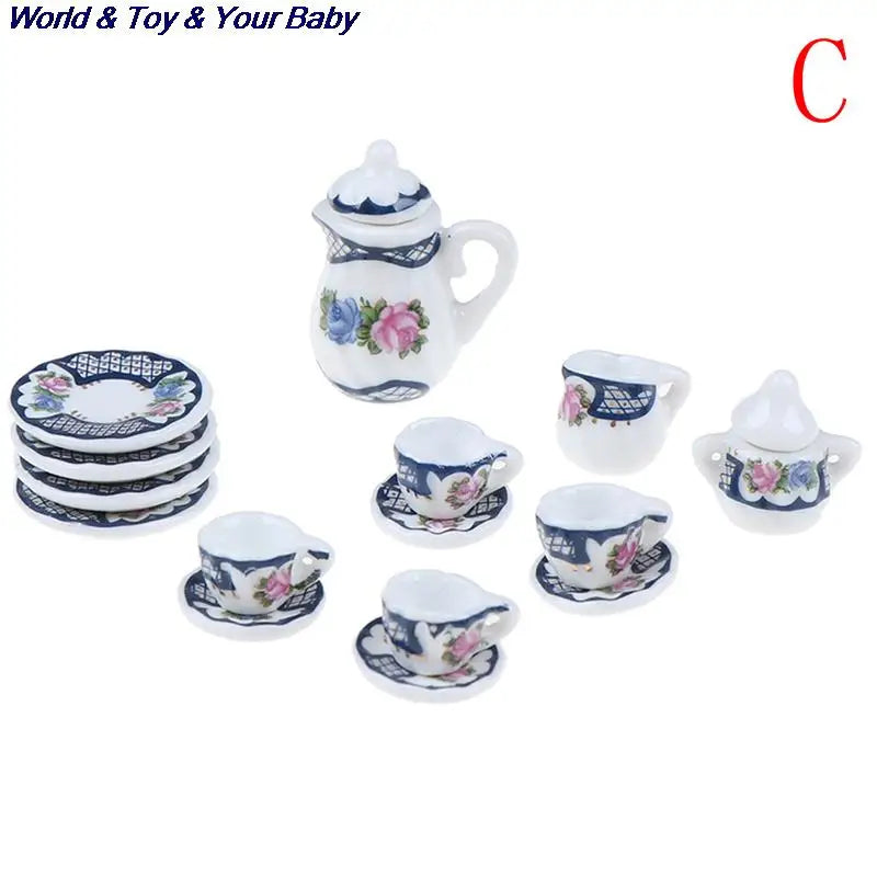 15Pcs 1:12 Miniature Porcelain Tea Cup Set Chintz Flower Tableware Kitchen Dollhouse Furniture Toys For Children