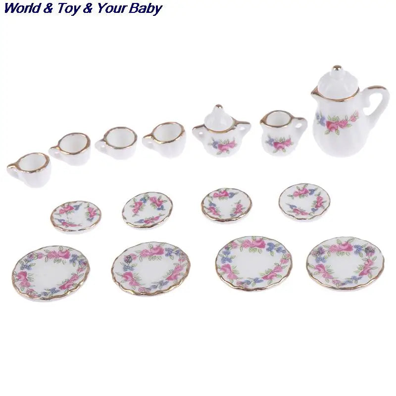 15Pcs 1:12 Miniature Porcelain Tea Cup Set Chintz Flower Tableware Kitchen Dollhouse Furniture Toys For Children