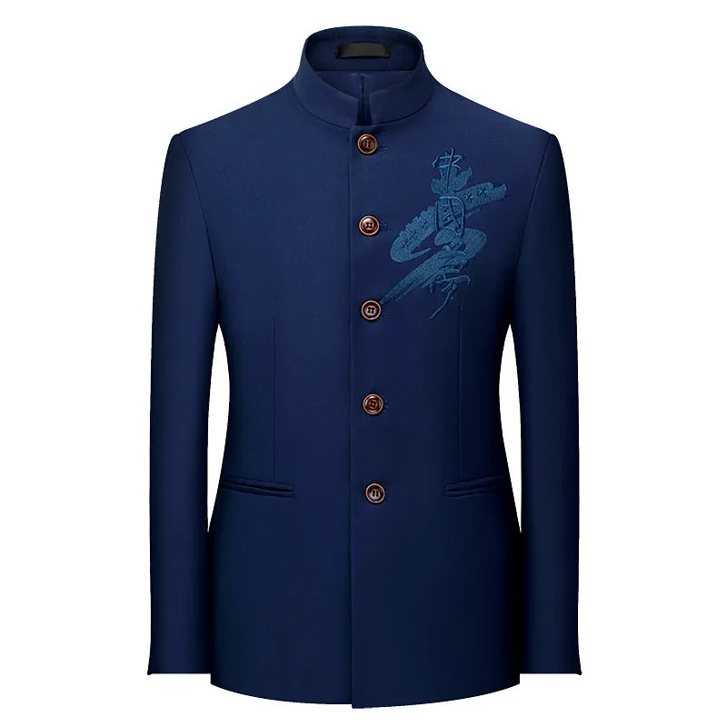 White Men's Stand Collar Chinese Style Slim Fit Two Piece Suit Set / Men Zhong Shan Blazer Jacket Coat Pants Trousers 2 Pcs 7XL
