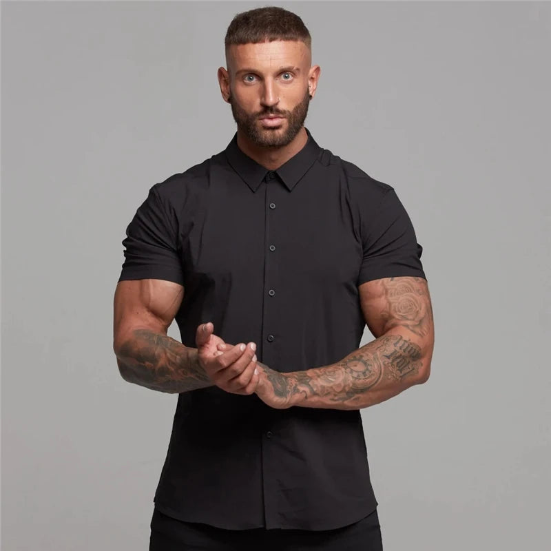 Summer Fashion Man Short Sleeve Shirt Solid Fitness Mens Turn-down Collar Super Slim Fit Business Dress Shirt Button Gym Tops