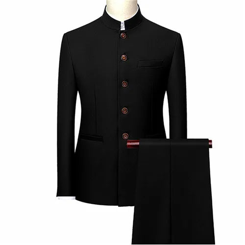 White Men's Stand Collar Chinese Style Slim Fit Two Piece Suit Set / Men Zhong Shan Blazer Jacket Coat Pants Trousers 2 Pcs 7XL