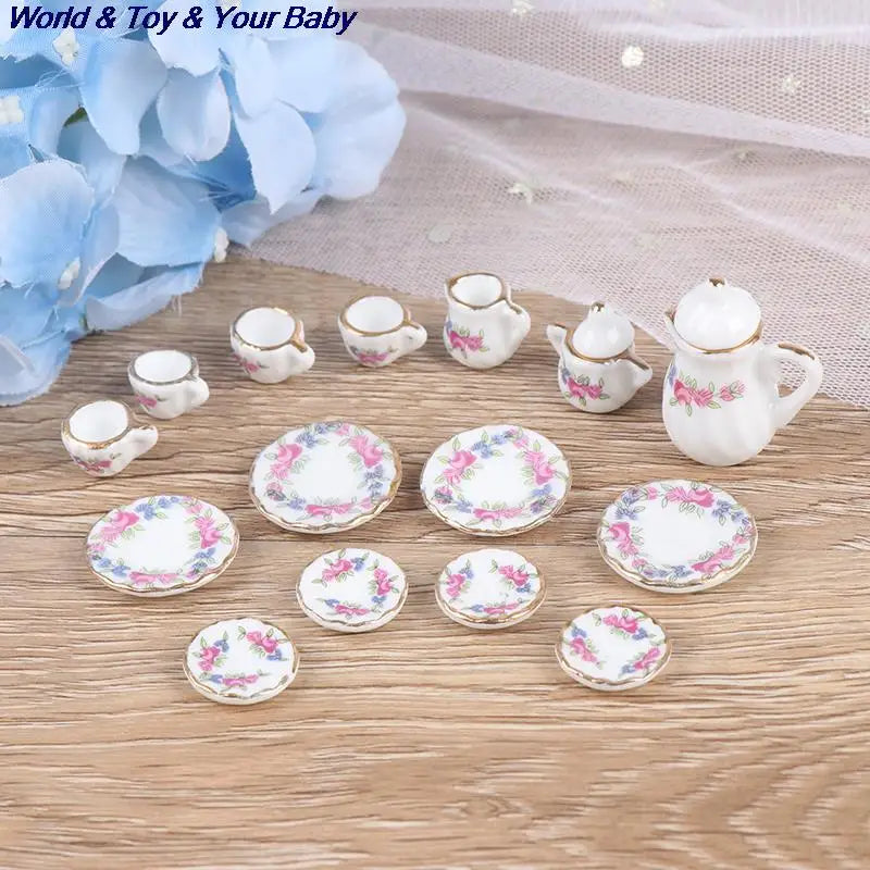 15Pcs 1:12 Miniature Porcelain Tea Cup Set Chintz Flower Tableware Kitchen Dollhouse Furniture Toys For Children