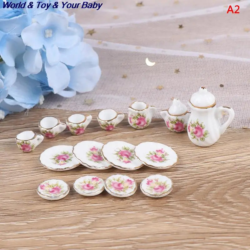 15Pcs 1:12 Miniature Porcelain Tea Cup Set Chintz Flower Tableware Kitchen Dollhouse Furniture Toys For Children