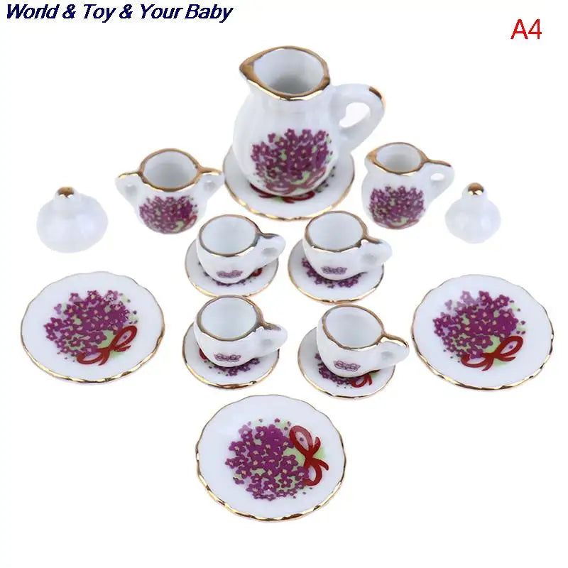 15Pcs 1:12 Miniature Porcelain Tea Cup Set Chintz Flower Tableware Kitchen Dollhouse Furniture Toys For Children