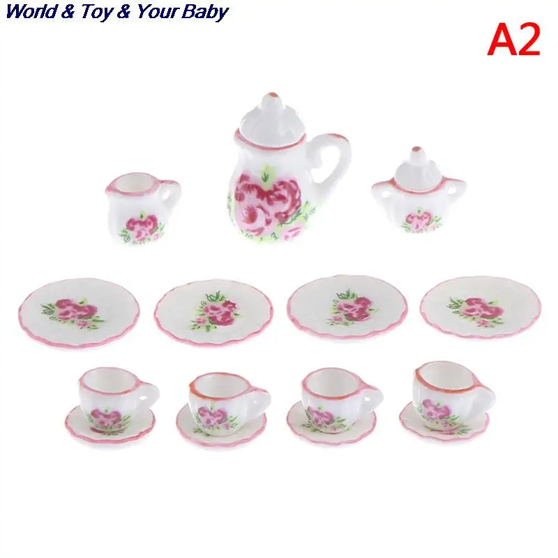 15Pcs 1:12 Miniature Porcelain Tea Cup Set Chintz Flower Tableware Kitchen Dollhouse Furniture Toys For Children