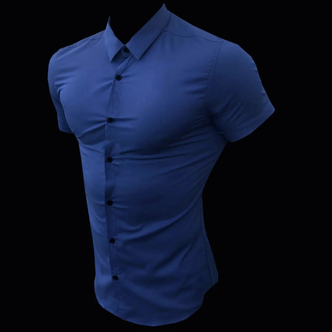 Summer Fashion Man Short Sleeve Shirt Solid Fitness Mens Turn-down Collar Super Slim Fit Business Dress Shirt Button Gym Tops
