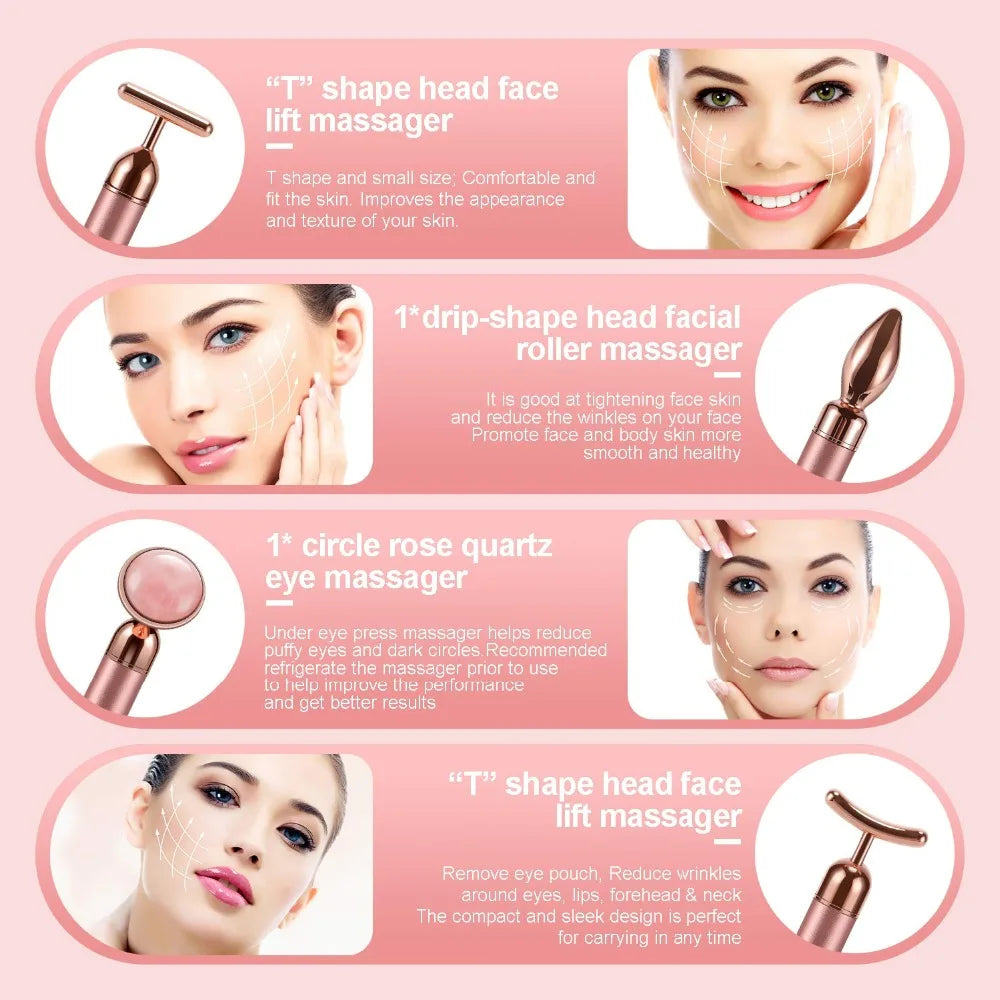 5-in-1 24K Gold Beauty Wand Face Massager Electric Vibrating Rose Quartz 3D Roller Face Lifting Body Facial Gua Sha Jade Roller