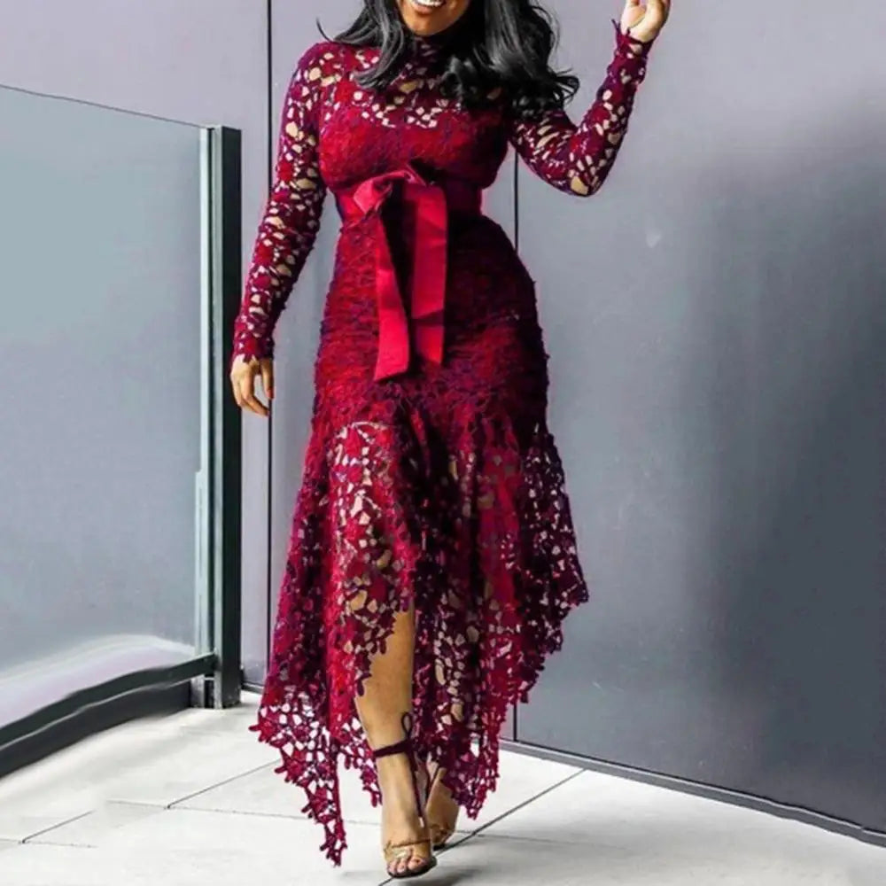 70% Hot Sell Women Long Sleeve Bow Belted Irregular Hem Hollow Lace Sexy Bodycon Long Dress