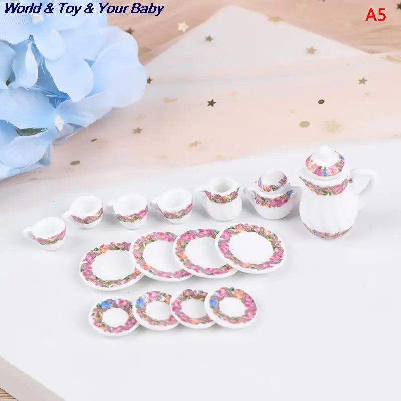 15Pcs 1:12 Miniature Porcelain Tea Cup Set Chintz Flower Tableware Kitchen Dollhouse Furniture Toys For Children