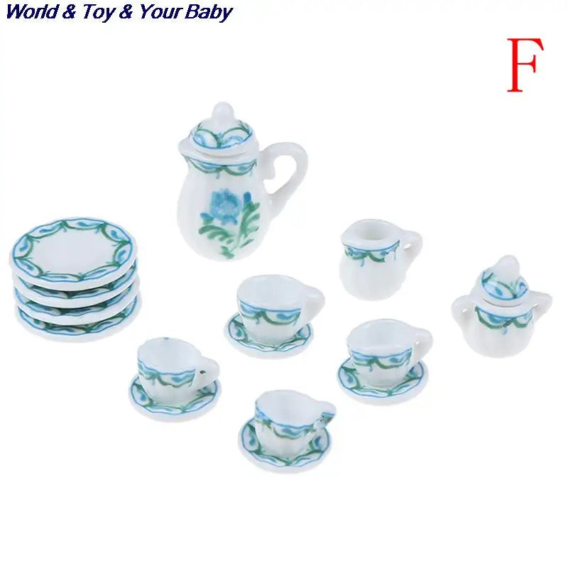 15Pcs 1:12 Miniature Porcelain Tea Cup Set Chintz Flower Tableware Kitchen Dollhouse Furniture Toys For Children