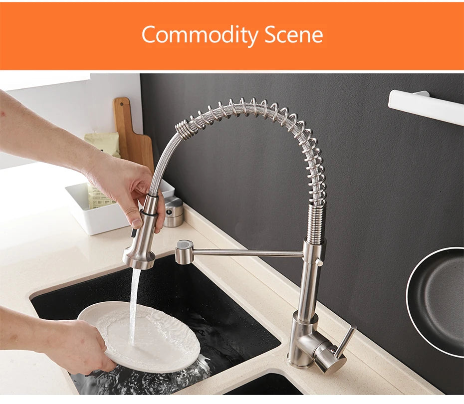 Kitchen Faucets Brush Brass Faucets for Kitchen Sink Single Lever Pull Down Spring Spout Mixers Tap Hot Cold Water Crane 9009