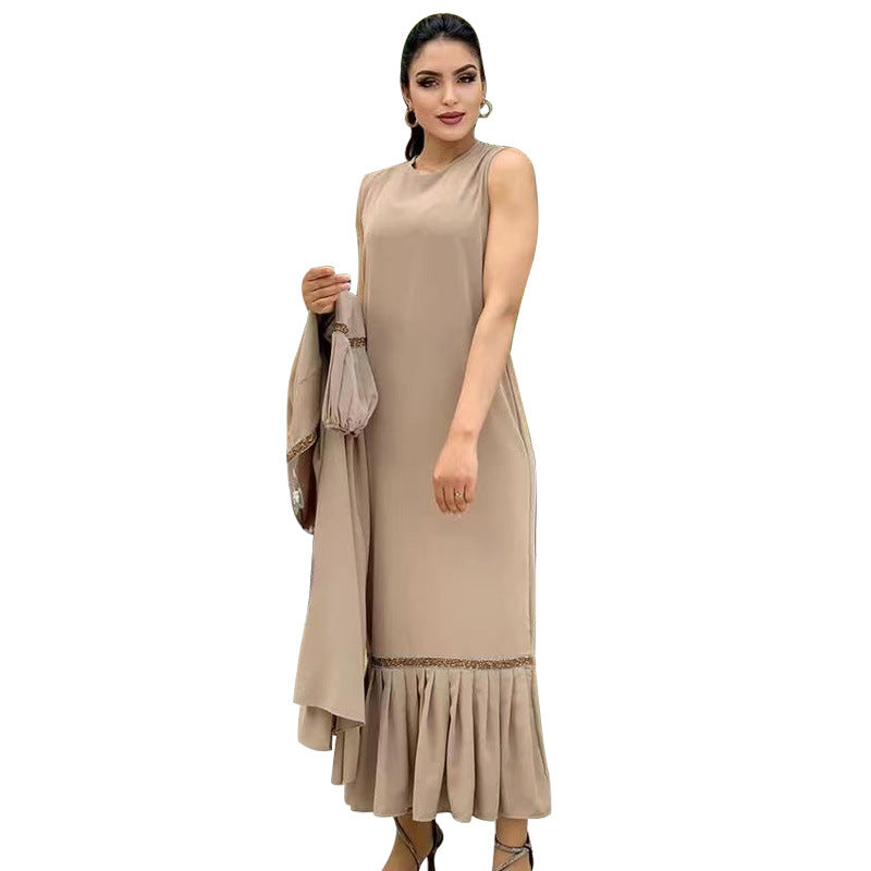 Muslim Women Hijab Dress 2 Piece Set Eid Lantern Sleeve Maxi Long Dress Islamic Clothing Caftan Kimono Big Swing Abaya Dresses