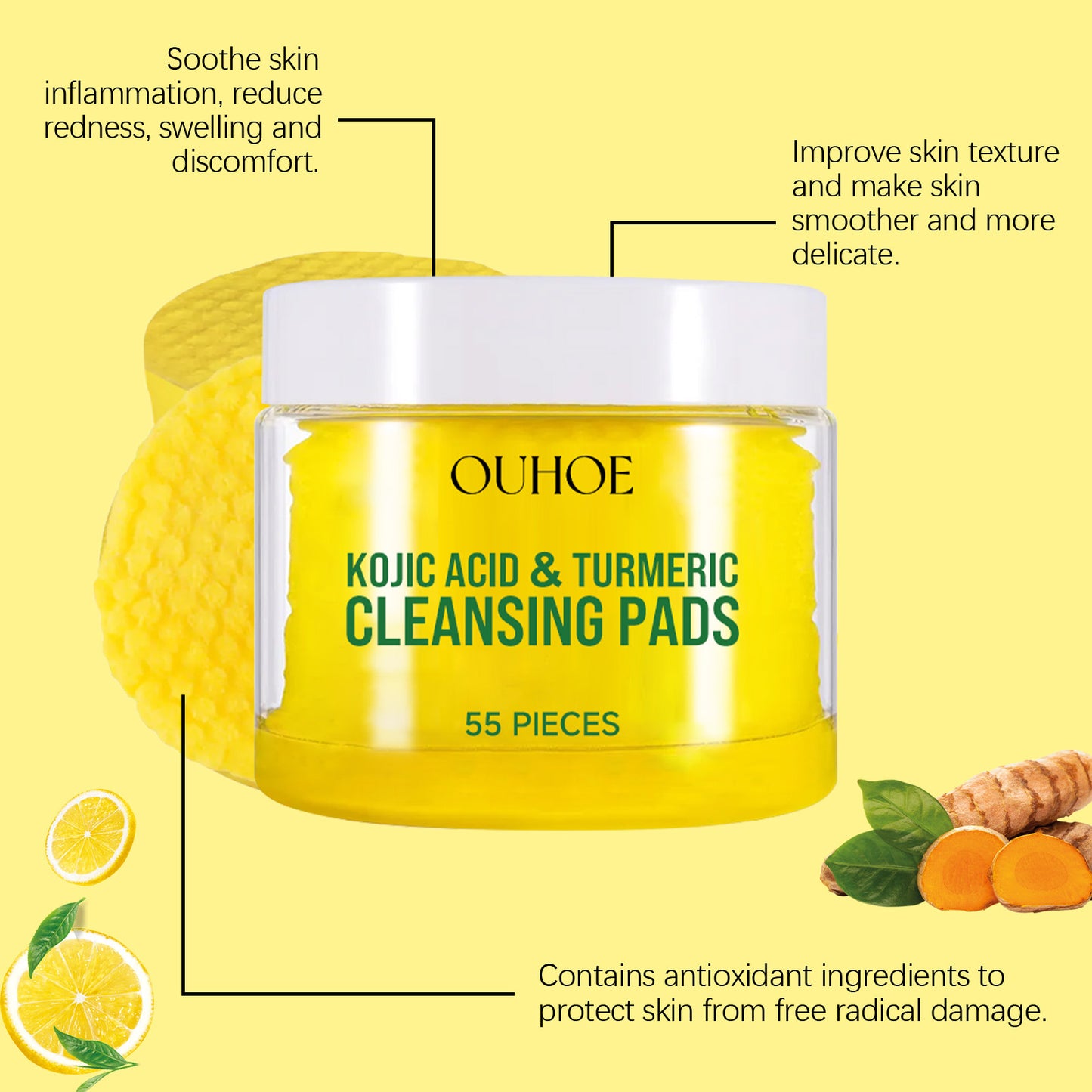 Turmeric Kojic Acid Facial Exfoliating Cleansing Pads Clogged Pores Oil Remover Glow Brighten Daily Lemon Facial Cotton Sponges