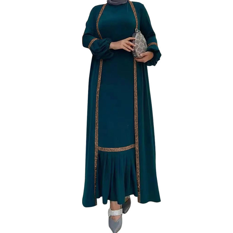 Muslim Women Hijab Dress 2 Piece Set Eid Lantern Sleeve Maxi Long Dress Islamic Clothing Caftan Kimono Big Swing Abaya Dresses