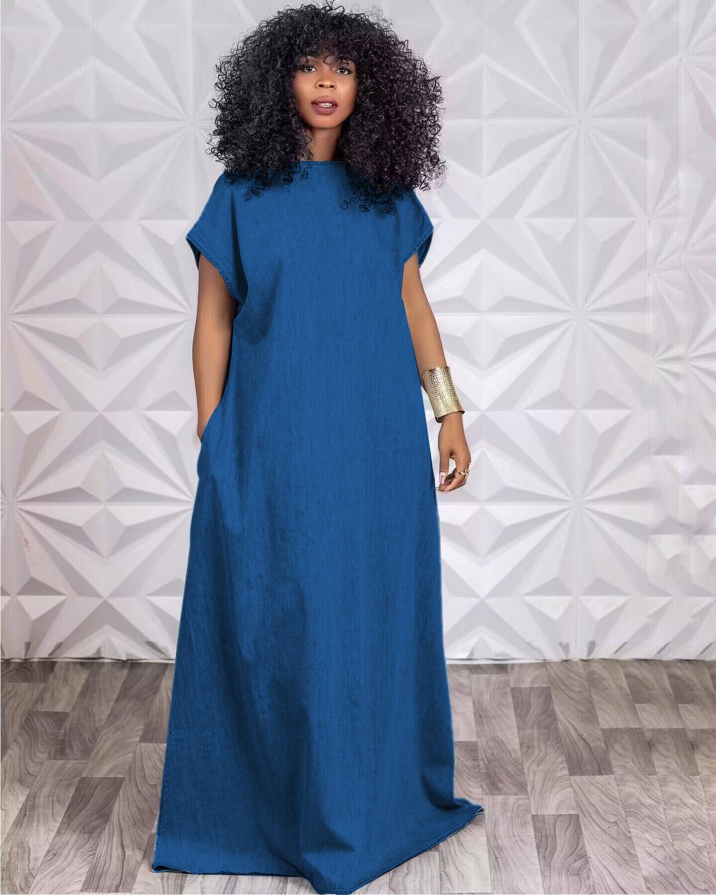 CM.YAYA Vintage Women Fashion Batwing Short Sleeve Denim V-back Loose Slim Maxi Long Dress 2023 High Street Vestido Jean Dresses