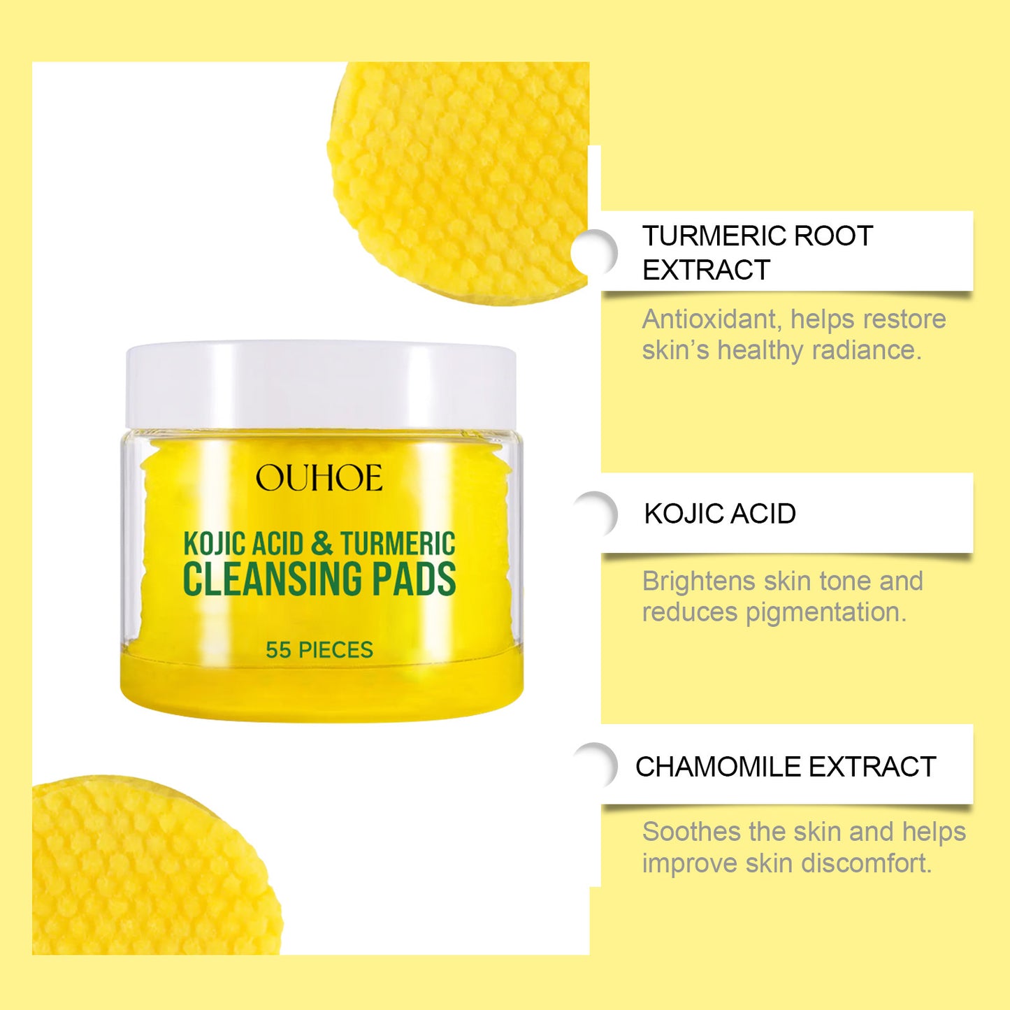 Turmeric Kojic Acid Facial Exfoliating Cleansing Pads Clogged Pores Oil Remover Glow Brighten Daily Lemon Facial Cotton Sponges